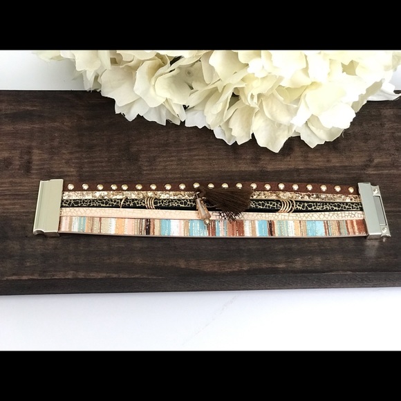 Leather Layered Tassel Bracelet, Brown - Picture 2 of 4